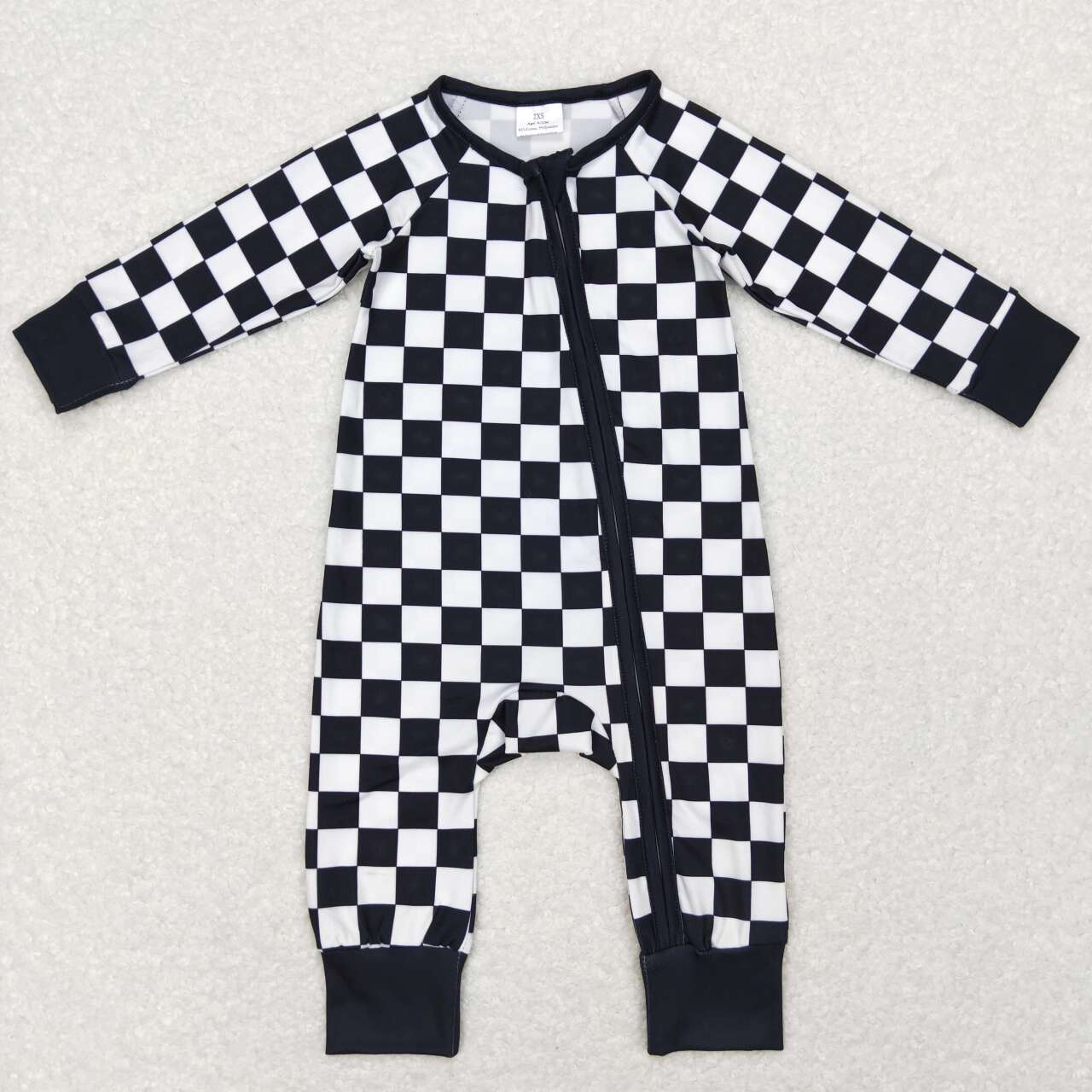 RTS NO MOQ（In Stock) Black and white plaid zipper long sleeve jumpsuit