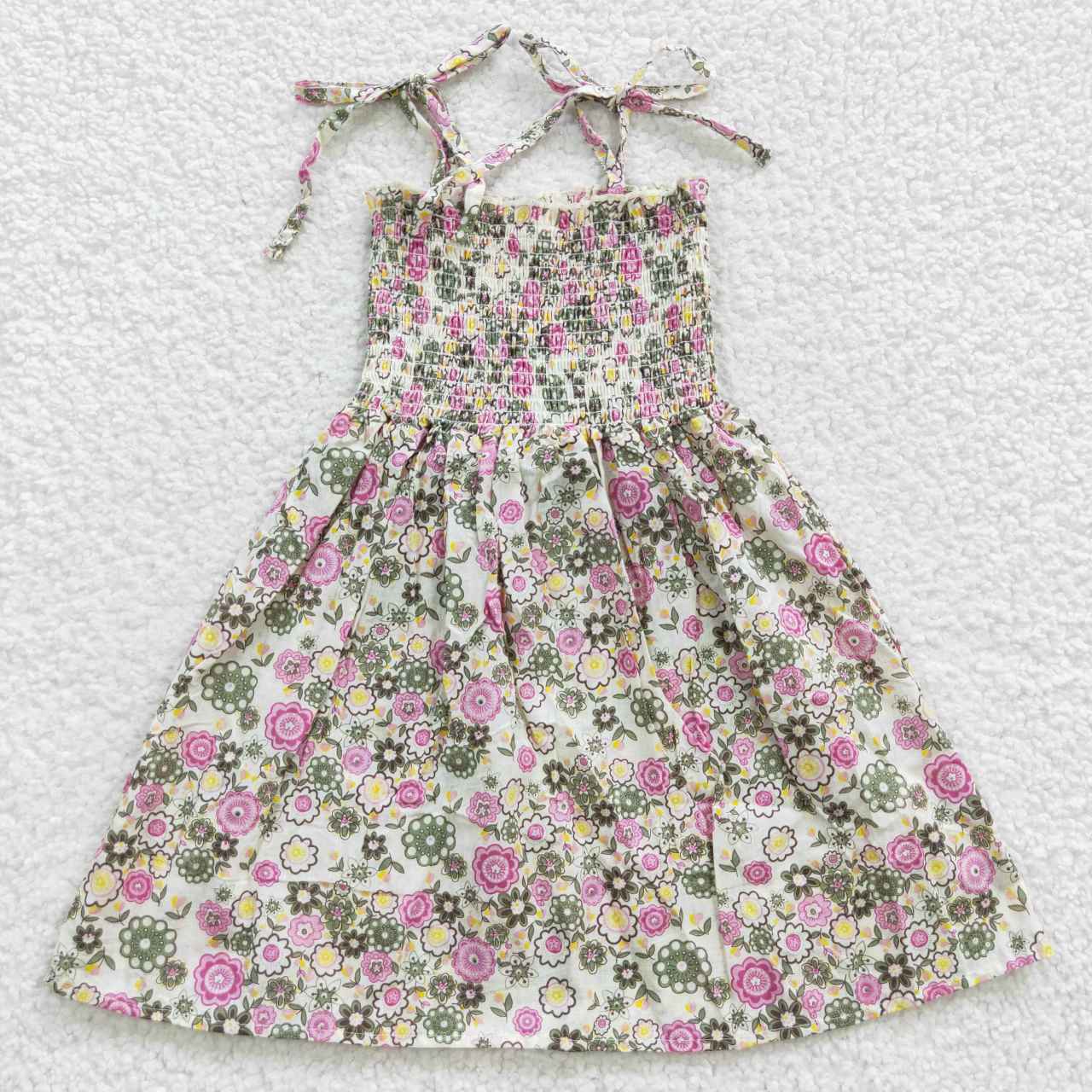 RTS NO MOQ（In Stock) GSD0371 Pink Flower White Elastic Dress