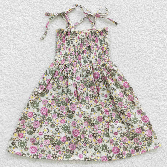 RTS NO MOQ（In Stock) GSD0371 Pink Flower White Elastic Dress