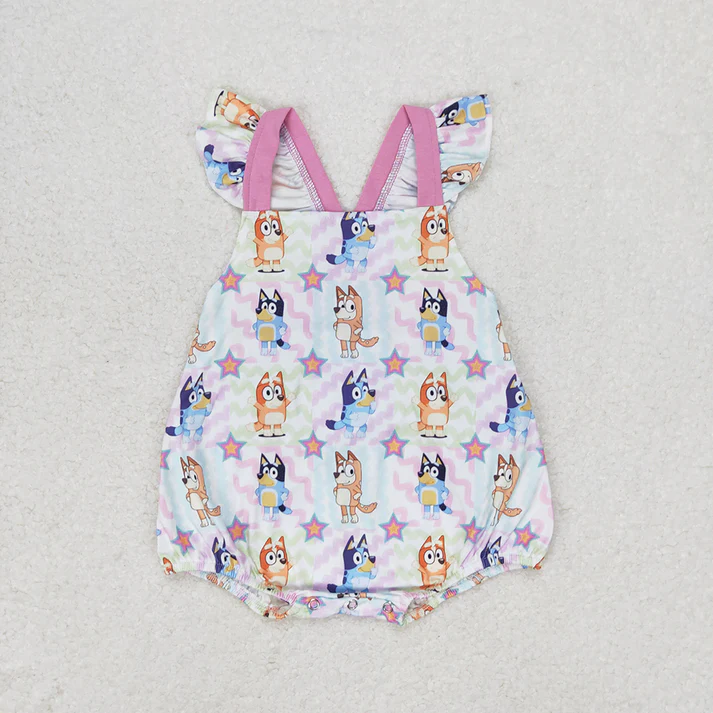 RTS Baby Girls Colorful Dogs Sibling Rompers Bummie Dresses pink color sets with romper match