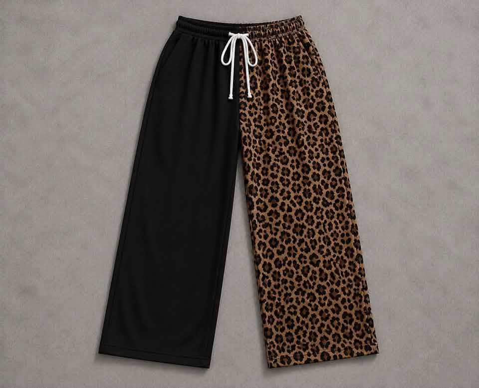 custom moq 5 mix size MERNP0102 Adult And Kids Black Leopard Patchwork Elastic Waist Casual Long Pants