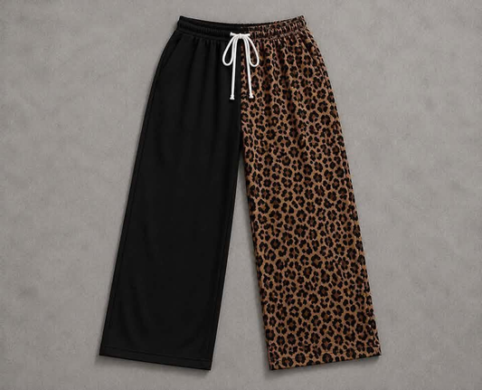 custom moq 5 mix size MERNP0102 Adult And Kids Black Leopard Patchwork Elastic Waist Casual Long Pants