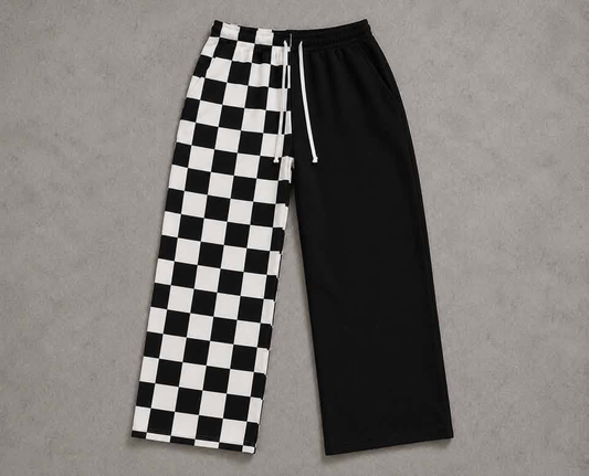 custom moq 5 mix size MERNP0101 Adult And Kids Checked Black Patchwork Elastic Waist Casual Long Pants