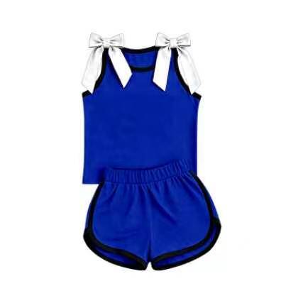 custom moq 5 mix size Baby Girls Blue Sleeveless Tank Top With White Bows Shorts Summer Clothes Set