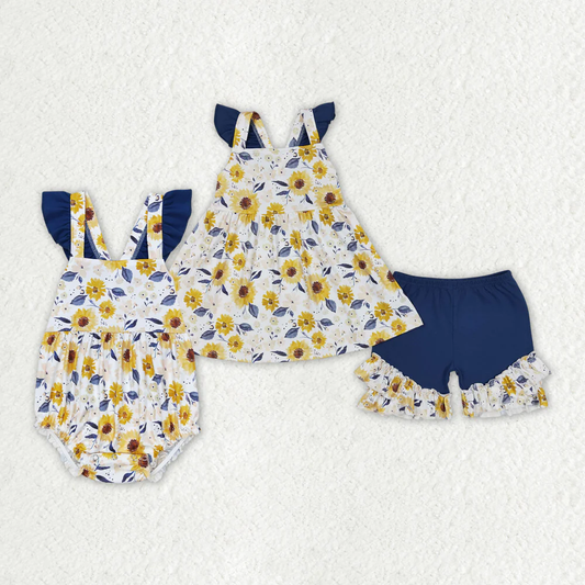RTS NO MOQ Baby Girls SunFlowers Sibling Romper Clothes Sets