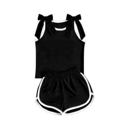 custom moq 5 mix size Baby Girls Black Sleeveless Tank Top With Bows Shorts Summer Clothes Set