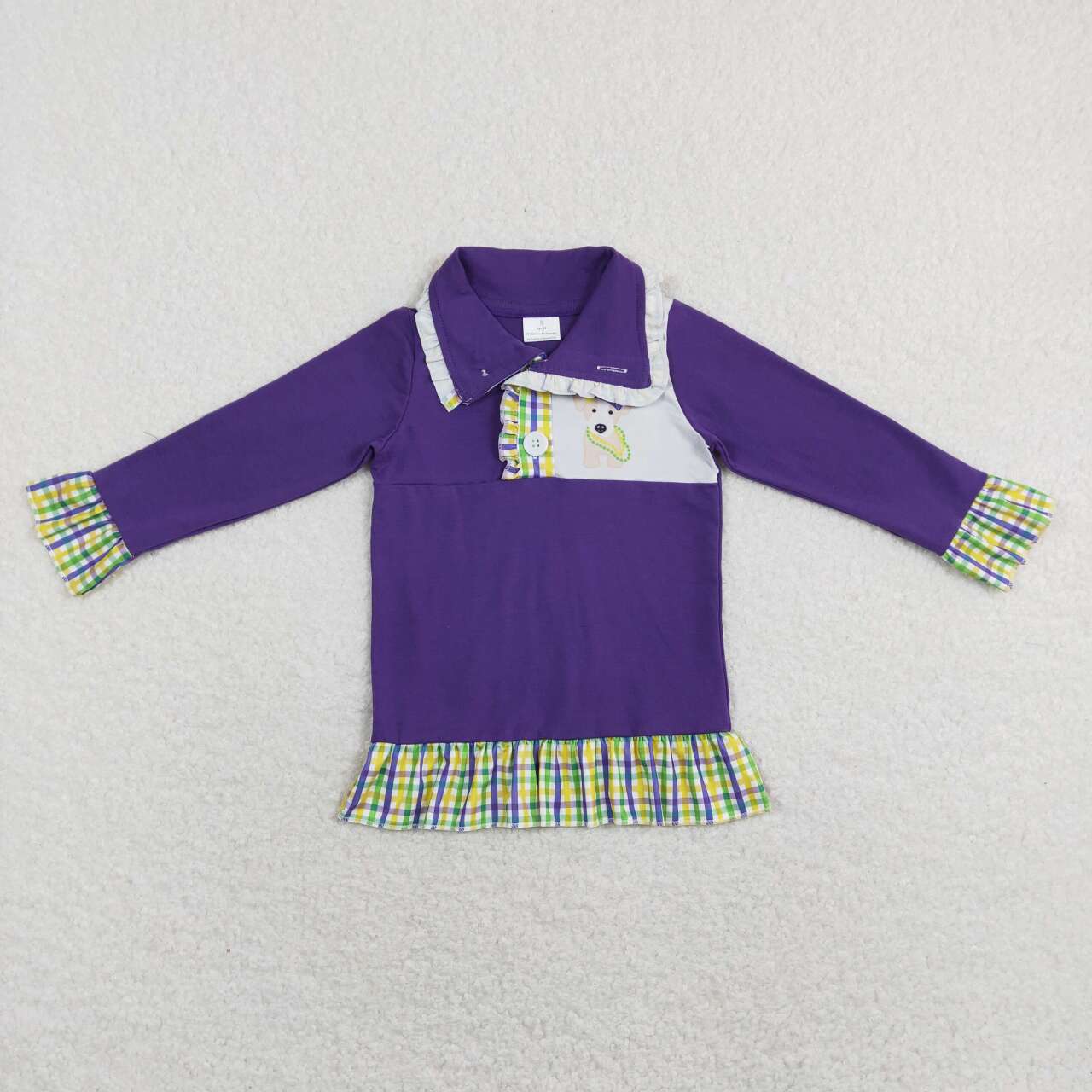 RTS NO MOQ（In Stock ) Mardi Gras Puppy Plaid Purple Zip Long Sleeve Top