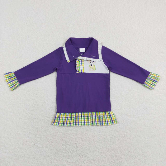 RTS NO MOQ（In Stock ) Mardi Gras Puppy Plaid Purple Zip Long Sleeve Top