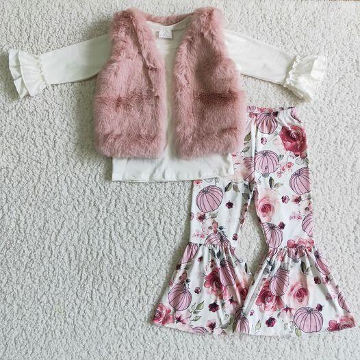 6 A21-14 Pink Plush Vest Jacket+GLP0264 Girls White Long Sleeve Pumpkin Blossom Pants Set