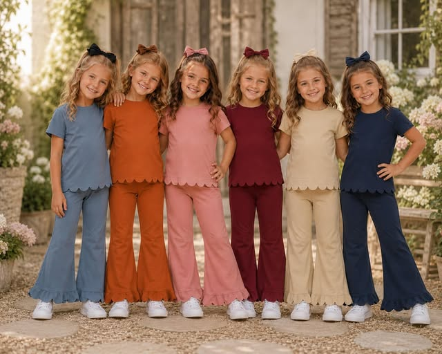 RTS NO MOQ Sibling cotton Baby Girls Solid Short Sleeve Shirts Top Bell Bottom Pant Scallop Sets