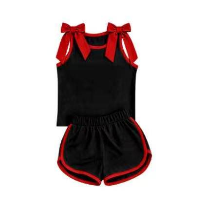 custom moq 5 mix size Baby Girls Black Sleeveless Tank Top With Red Bows Shorts Summer Clothes Set