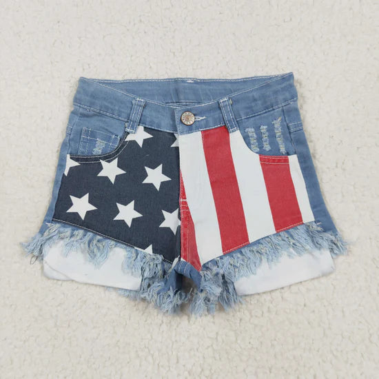 Best Sell RTS USA Shop Baby Girls Denim Shorts Bottom with Stars And Stripes for 4th of July Celebration