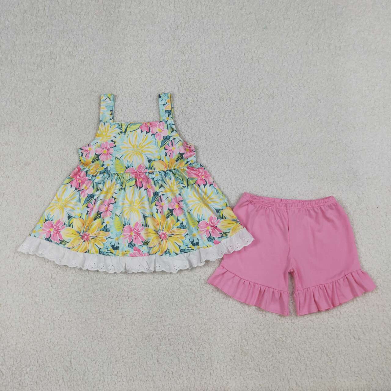 RTS NO MOQ GSSO3034 Baby Girls Colorful Flowers Strap Tunic Ruffle Shorts Outfit Set