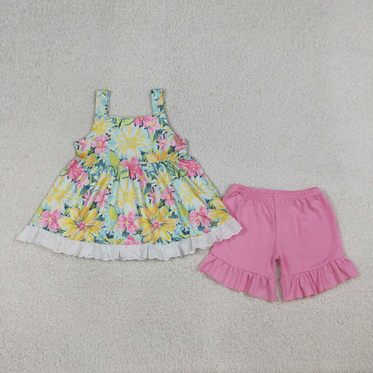 RTS NO MOQ GSSO3034 Baby Girls Colorful Flowers Strap Tunic Ruffle Shorts Outfit Set