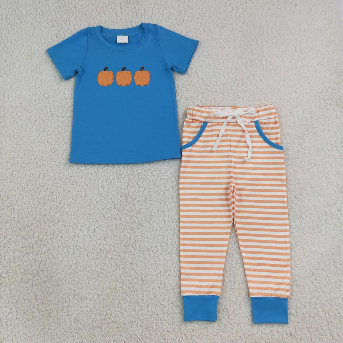 NEW RTS NO MOQ milk silk BSPO0693 Embroidery Baby Boys Fall Pumpkin Print  Pocket Long Sleeve Top Jogger Pants Outfit Daily Wear