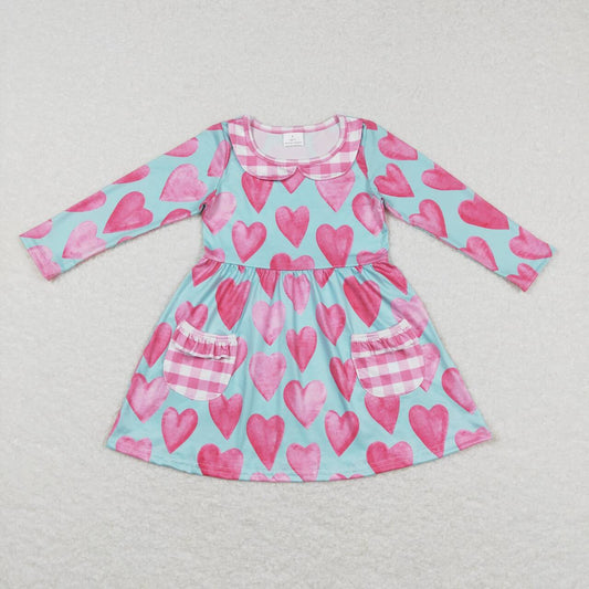 GLD0455 Heart pink plaid pocket teal long sleeve dress