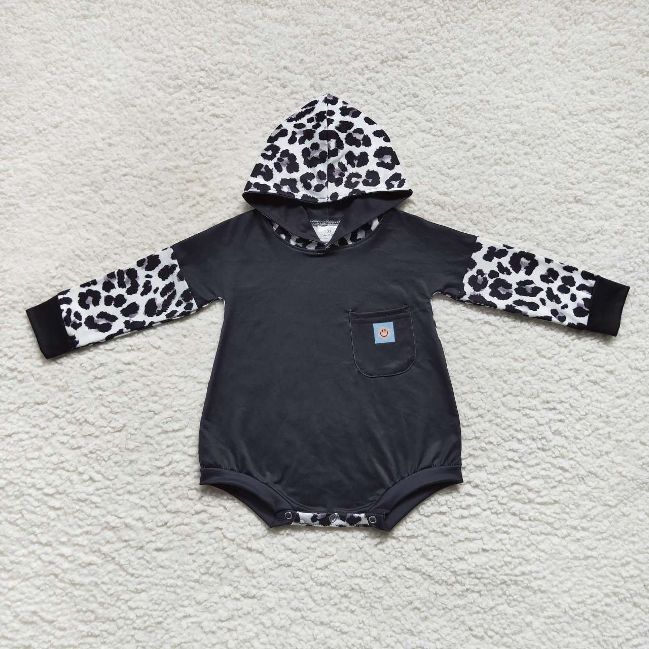 RTS NO MOQ（In Stock) LR0594 Smiley Pocket Black Leopard Print Hooded Long Sleeve Jumpsuit