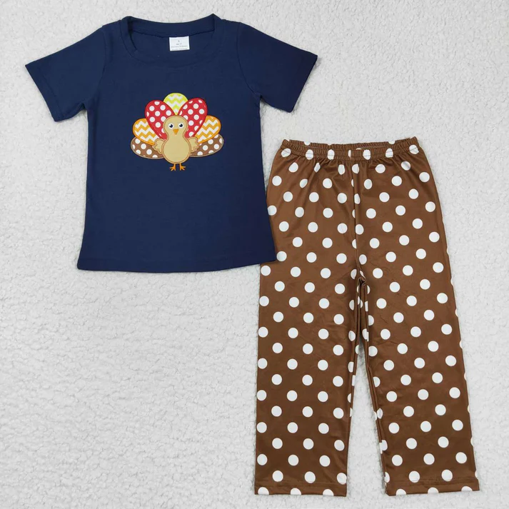 RTS NO MOQ Baby Girls Thanksgiving Sibling Turkey Fall Clothes Sets  embriobery style match thanksgiving