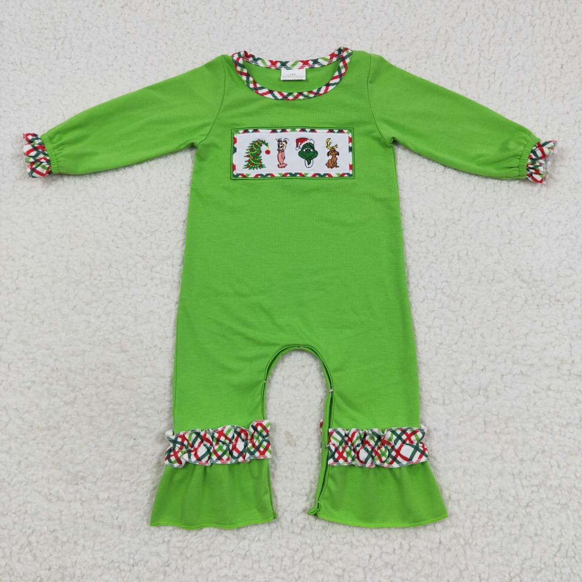 LR0324 Cute Clothes Girls Christmas Embroidery Plaid Green Long Sleeve Onesie