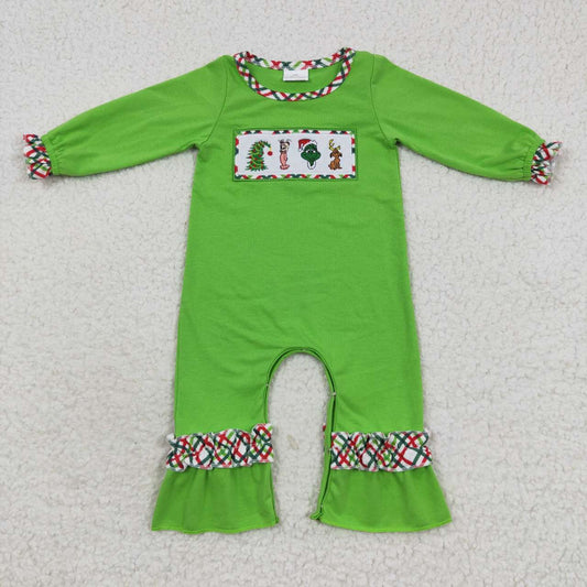 LR0324 Cute Clothes Girls Christmas Embroidery Plaid Green Long Sleeve Onesie