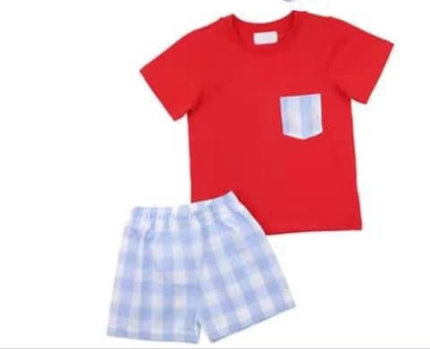 Summer Plaid Girls Summer boys sets red rop with shorts boys outfits