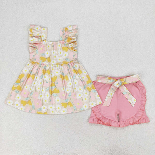 GSSO1254 RTS  baby girl clothes yellow floral toddler girl summer outfit