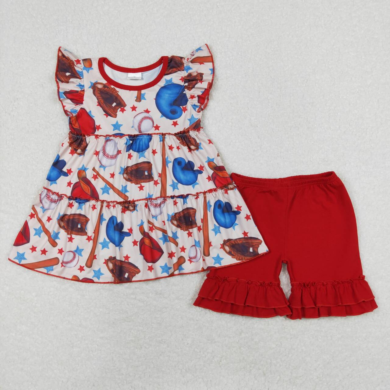 RTS NO MOQ ETA 5/7days Arrived GT0493+SS0184 Baseball star flying sleeve top Red lace shorts