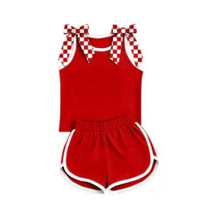 custom moq 5 mix size Baby Girls Red Sleeveless Tank Top With Checkered Bows Shorts Summer Clothes Set