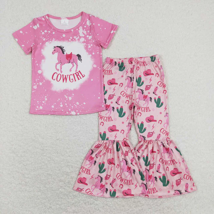 RTS Baby Girls Sibling Horse Boots Tee Top Bell Pants Western Outfits Sets