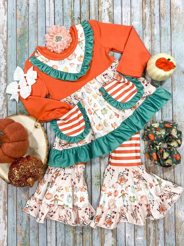 GLP0743 Scarecrow Pumpkin Leaves Orange Stripe Pocket Long Sleeve Trousers Set