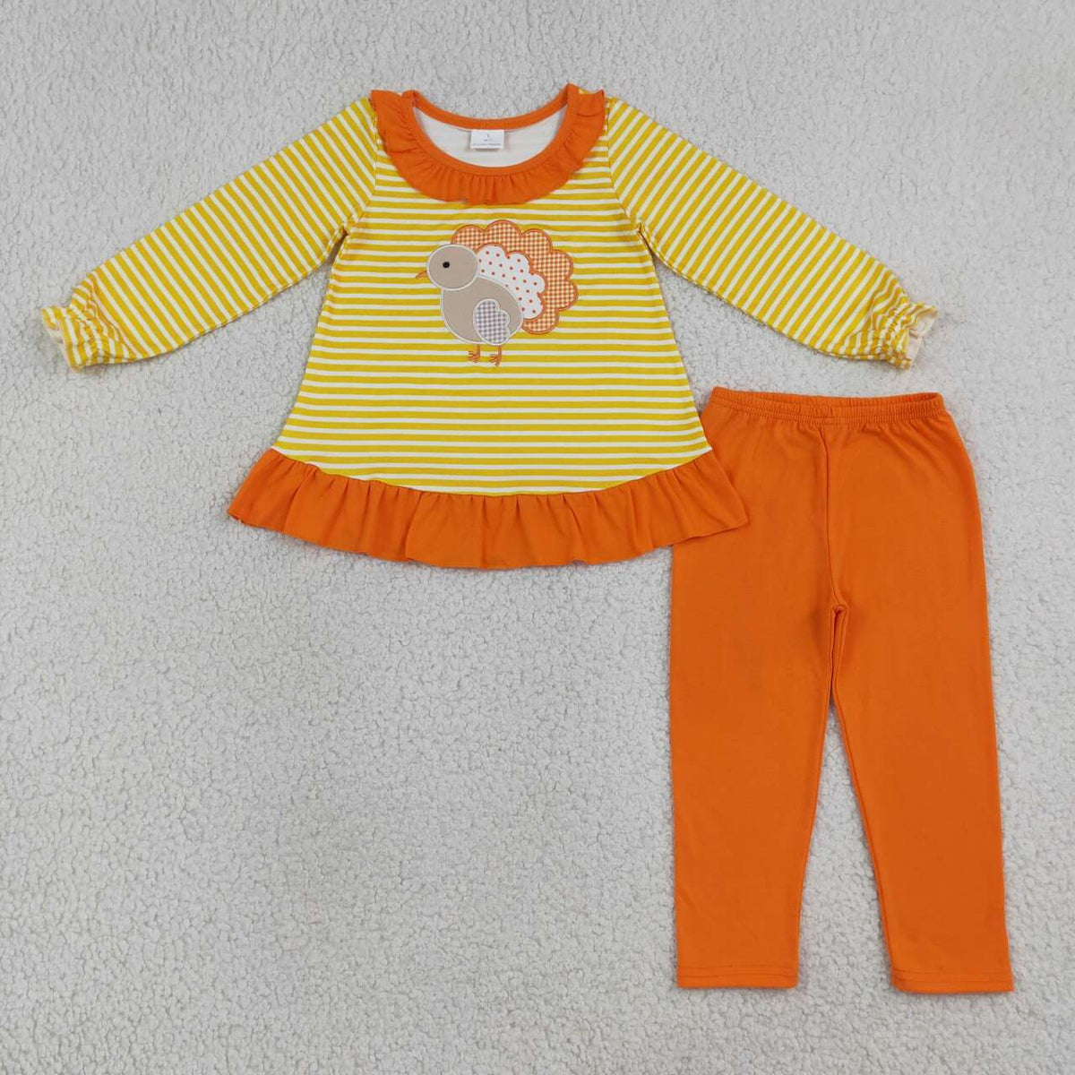 NEW RTS NO MOQ milk silk GLP3493 Embroidery Girls Orange Stripe Turkey Print Tunic Matching Legging Pant Thanksgiving Clothes Set