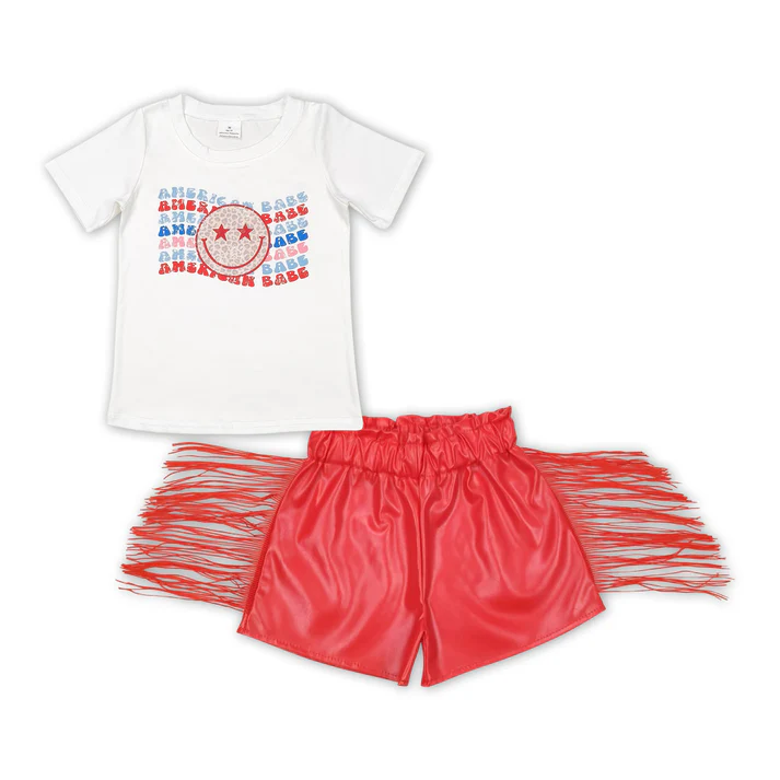 RTS Baby Girls Little Teenager Shirts Tops Red Leather Tassel Shorts Clothes Sets