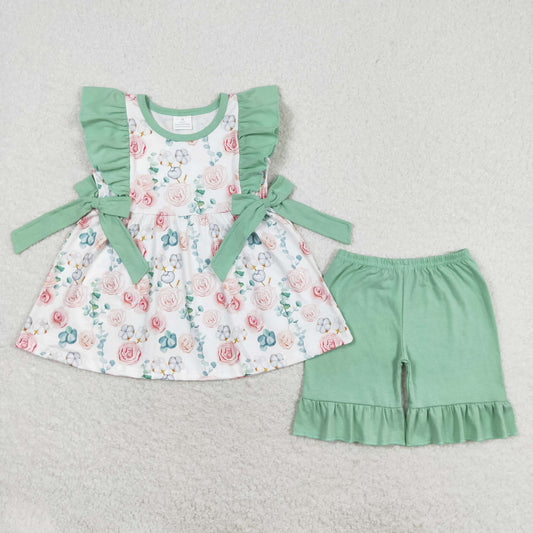 rts no moq GSSO1004 Flower green lace bow sleeveless shorts set