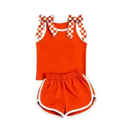 custom moq 5 mix size Baby Girls Orange Sleeveless Tank Top With Checkered Bows Shorts Summer Clothes Set