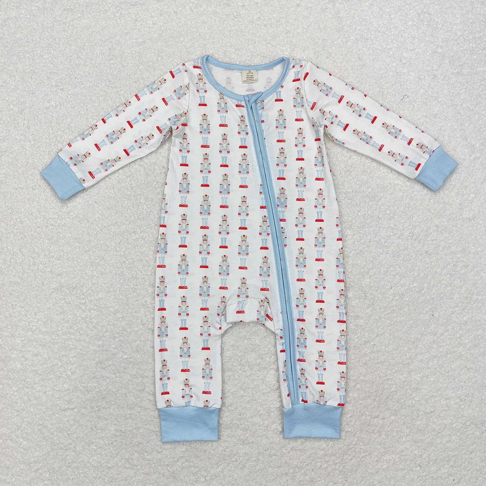 RTS NO MOQ Christmas Soldier Zip Bamboo Long Sleeve Christmas Romper