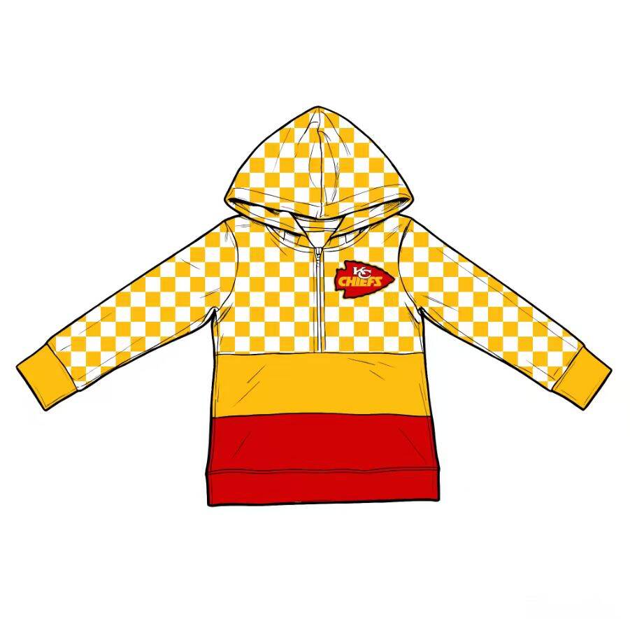 Custom moq 5 mix size summer teams Baby Boys Plaid Print Yellow Long Sleeve Zip Up Hooded Casual Top