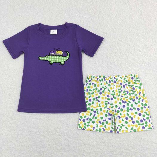 RTS NO MOQ（In Stock) Embroidered Carnival Crocodile Purple Short Sleeve Shorts Set