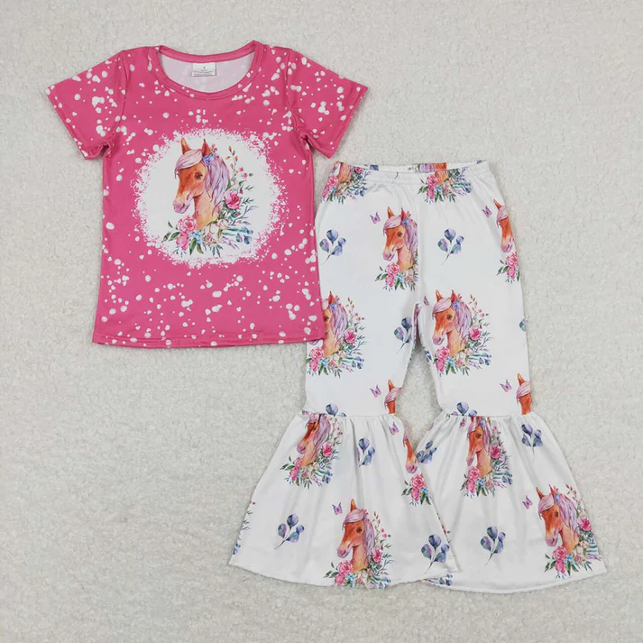 RTS Baby Girls Sibling Horse Boots Tee Top Bell Pants Western Outfits Sets