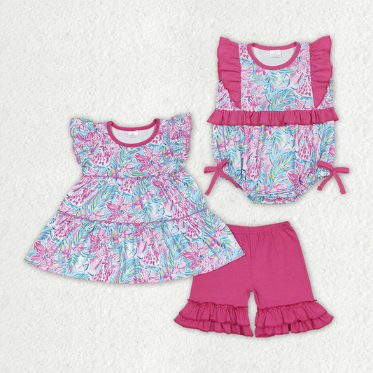 RTS Baby Girls Green Water Flowers Tunic Dark Pink Shorts Summer Rompers Clothes Sets