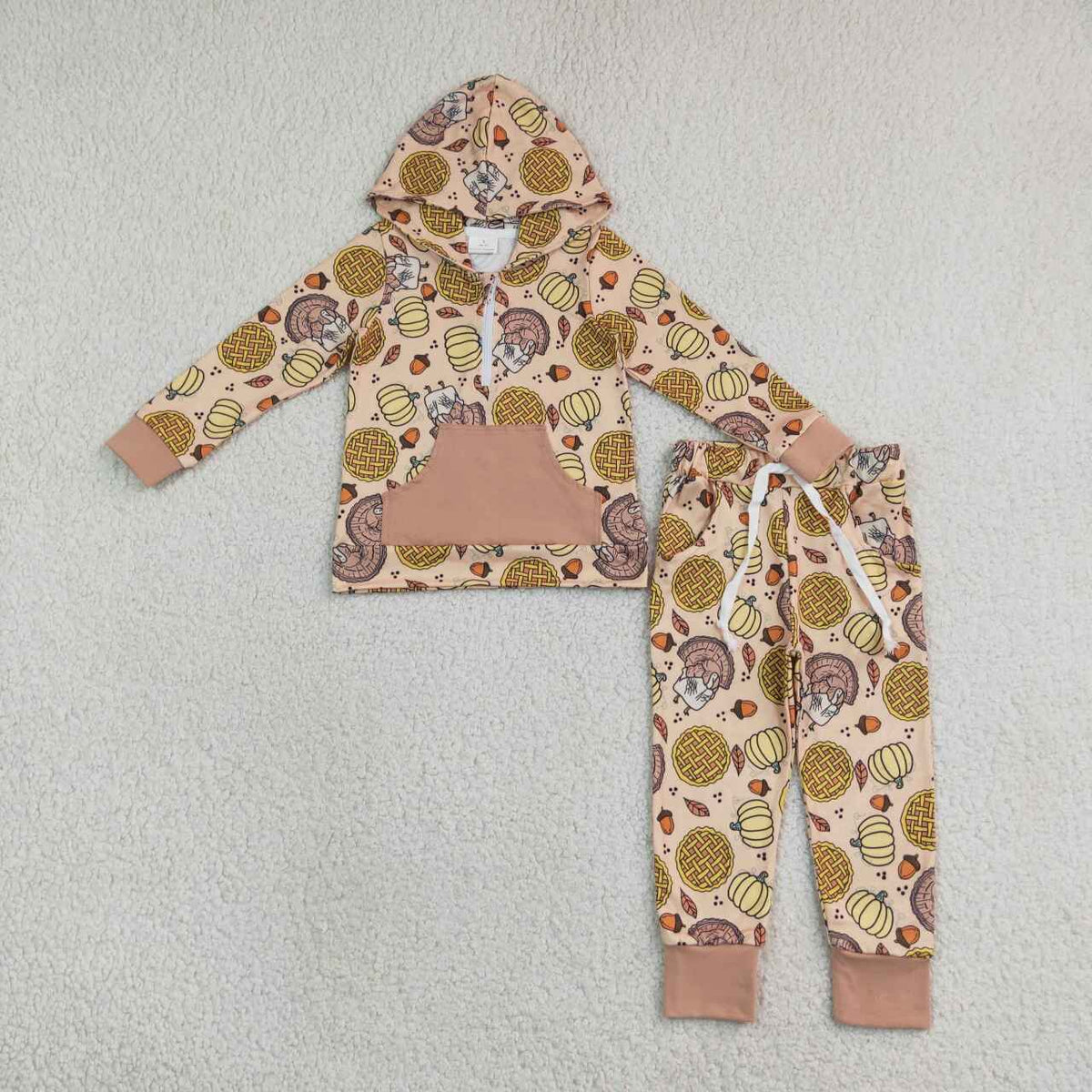 NEW RTS NO MOQ milk silk BLP1504 Baby Boys Thanksgiving Pumpkin Turkey Print Zip Up Pocket Hoodie Elastic Waist Pants Outfit Set