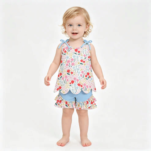 RTS NO MOQ Sibling Baby Girls Colorful Flowers Scallop Tunic Ruffle Shorts Outfit Set Cute Baby Girl Clothing Set