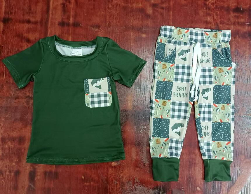 Custom moq 3 eta 6-7weeks Army Green Short Sleeve Pocket Top - Plaid Trousers Set