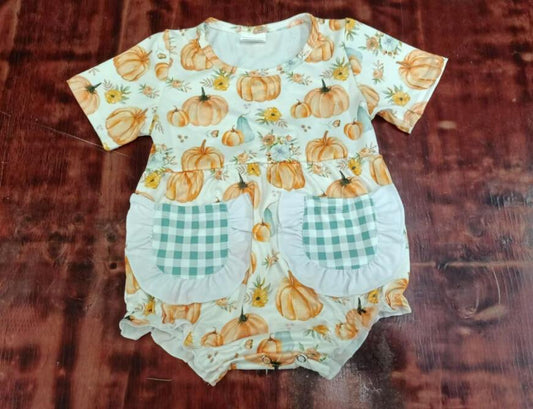 Custom moq 3 eta 6-7weeks Short Sleeve Pumpkin Pocket Cropped Romper