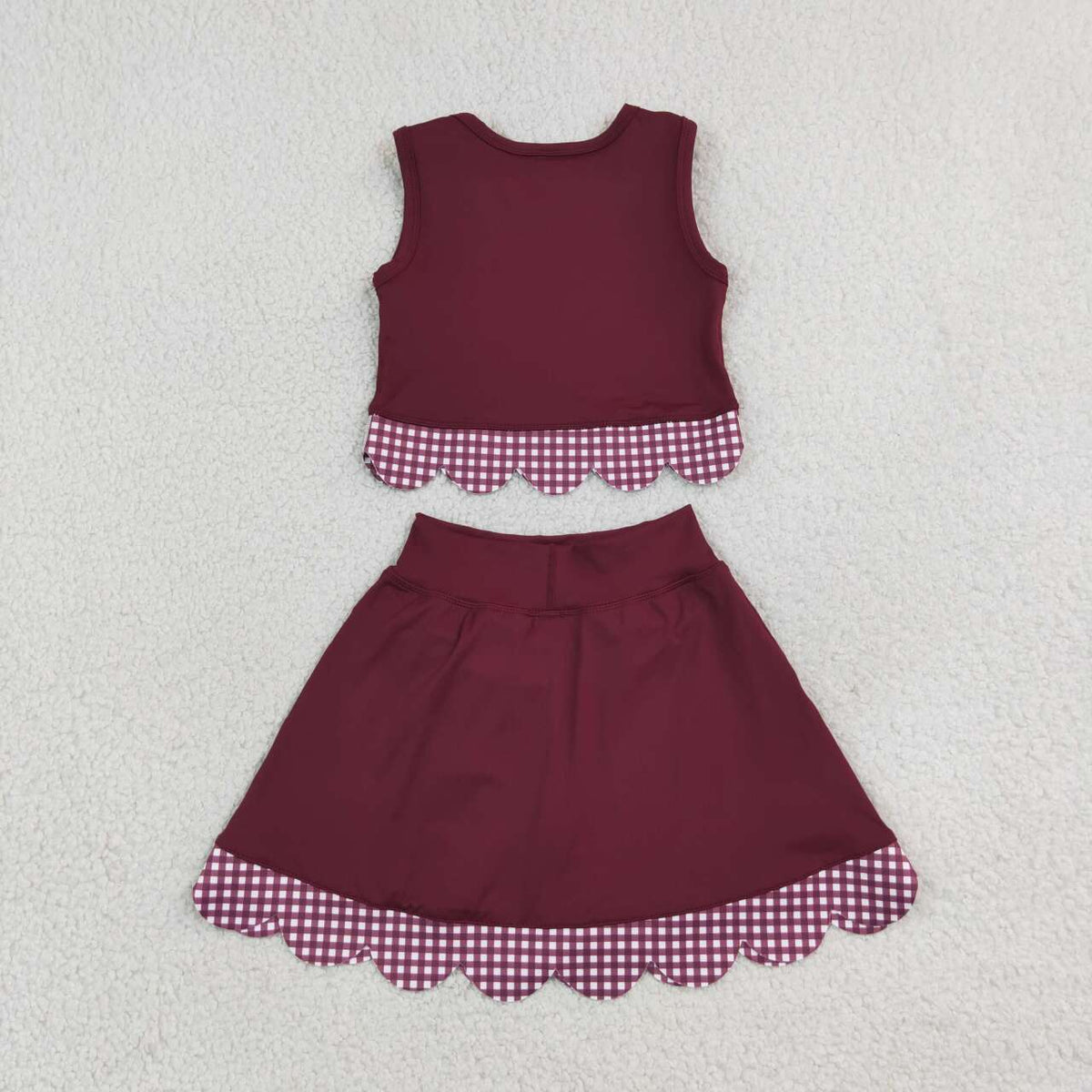 NEW RTS NO MOQ yoga fabric GSD4266 Yoga Baby Girls Cute Bow Maroon Vest Scallop Edge Skort Clothing Set