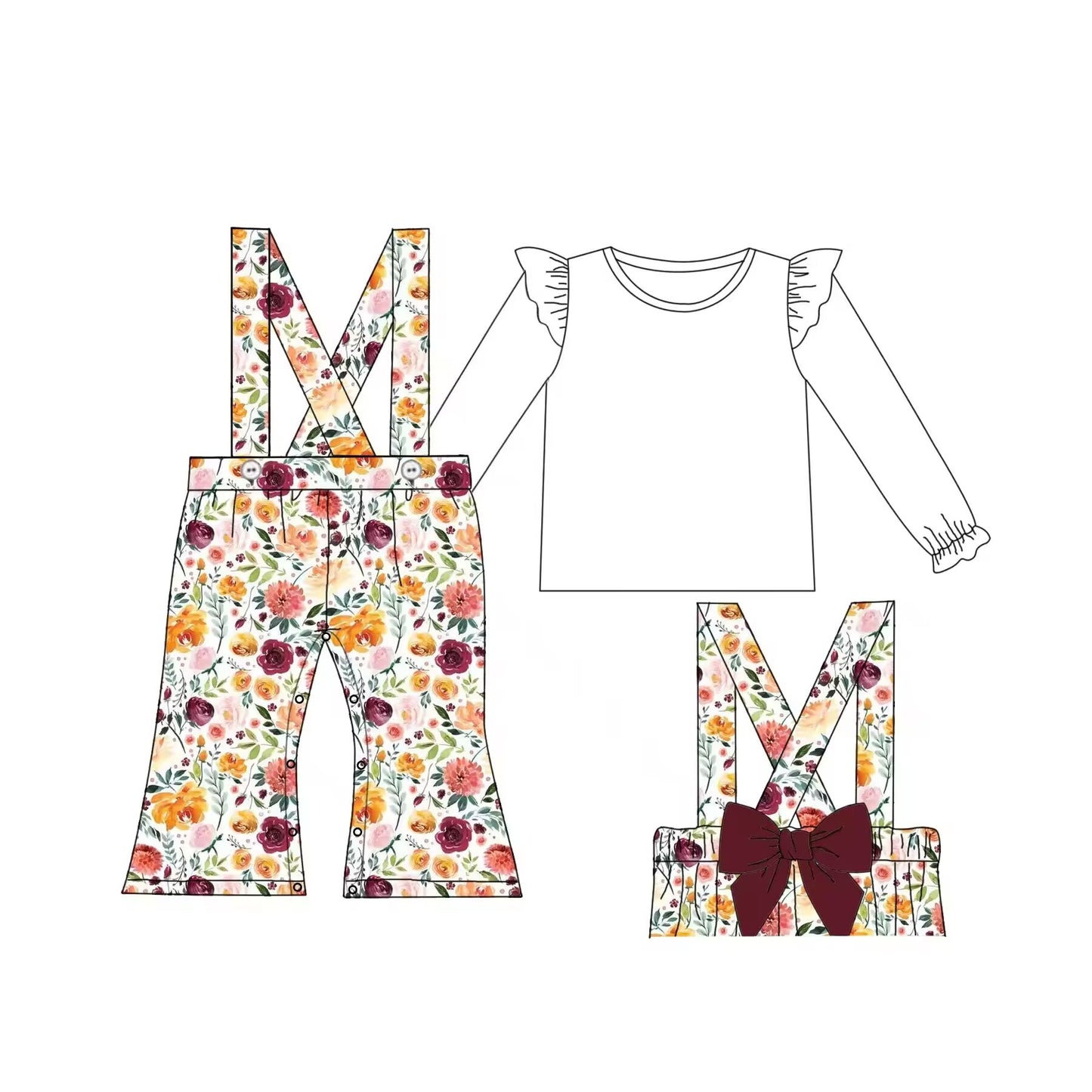Custom moq 3 eta 6-8weeks White flying sleeve shoulder design long-sleeved top-floral overalls suit