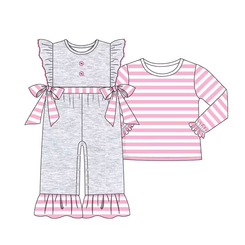 Custom moq 3 eta 6-8weeks Pink striped bow flying sleeves gray overalls + pink long-sleeved striped top
