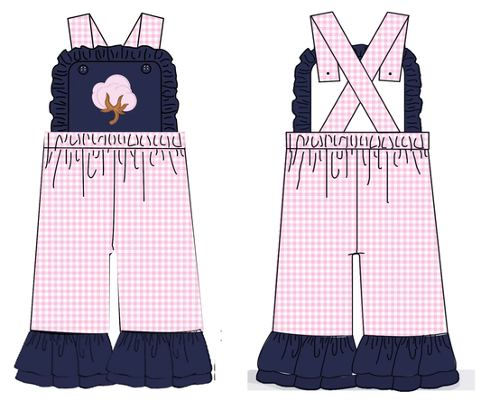 Custom moq 3 eta 7/8week moq 5 eta /4/5week  Pink plaid embroidered cloud tree pattern pink plaid overalls