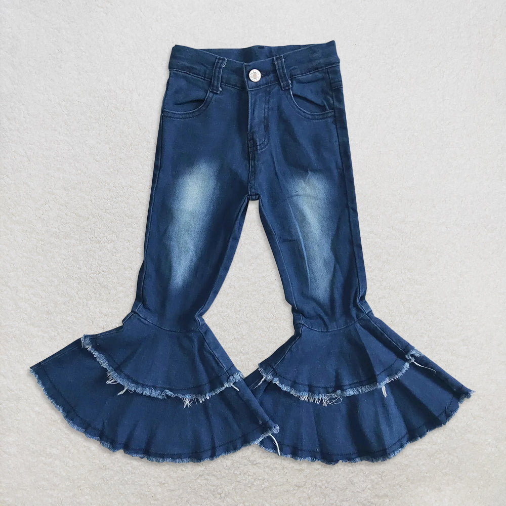 RTS NO MOQ GT0460+P0003 Baby Girls Blue Cotton Flutter Sleeve Tunic Tops navy blue bleached double ruffle denim pants