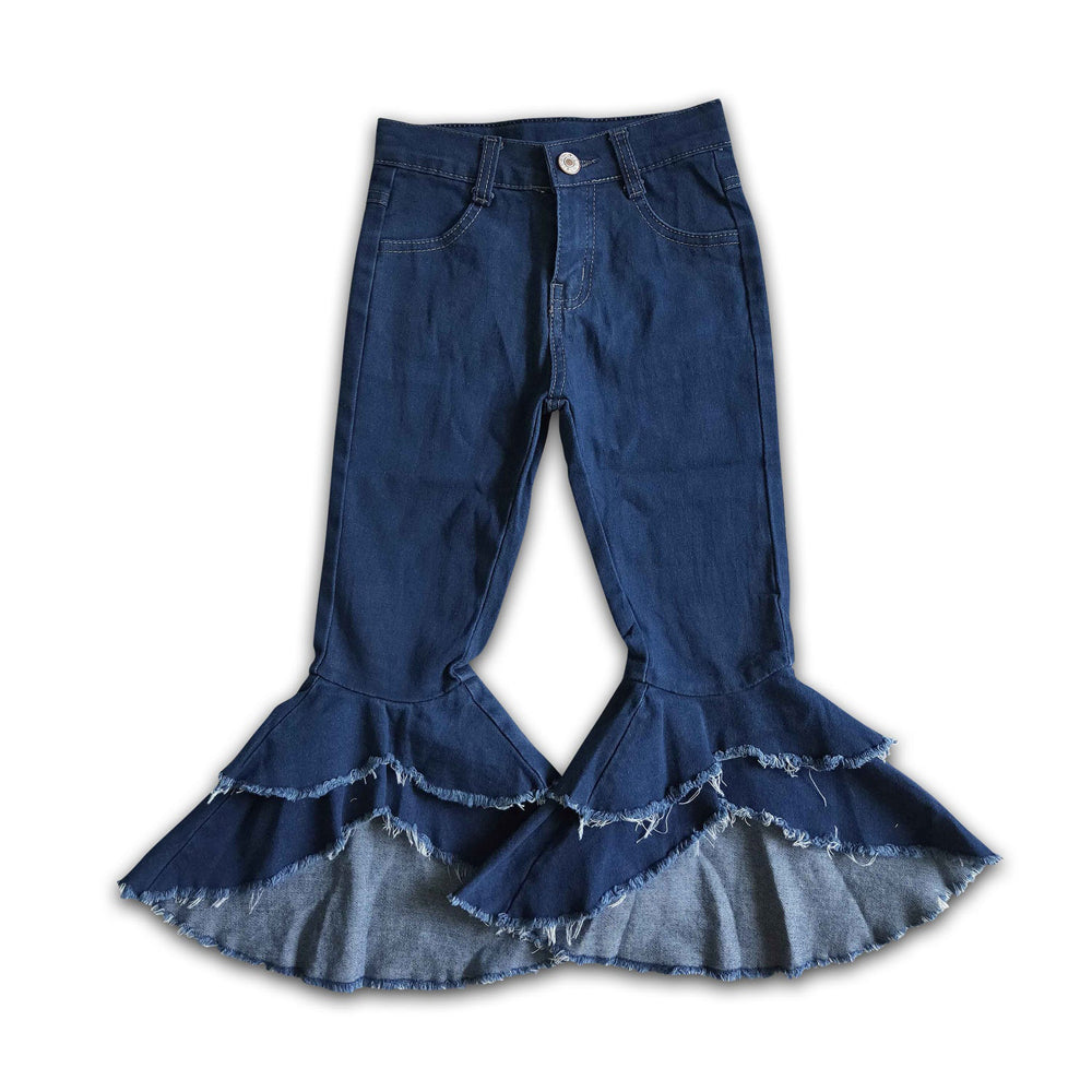 RTS NO MOQ Sibling Denim Baby Girls Solid Color Raw Edge Tiered Ruffle Bell Bottom Denim Pants