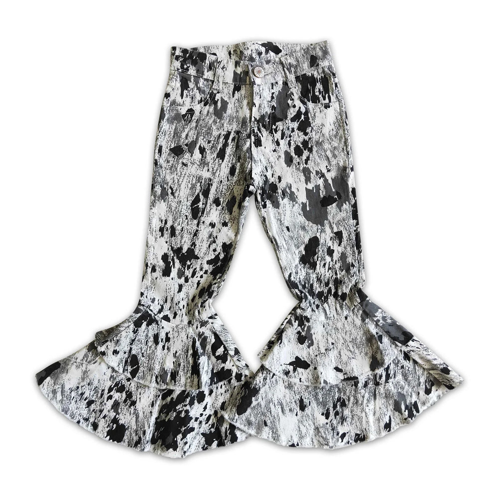 RTS NO MOQ Sibling Denim Baby Girls Cow Print Ruffle Bell Bottom Flare Denim Pants